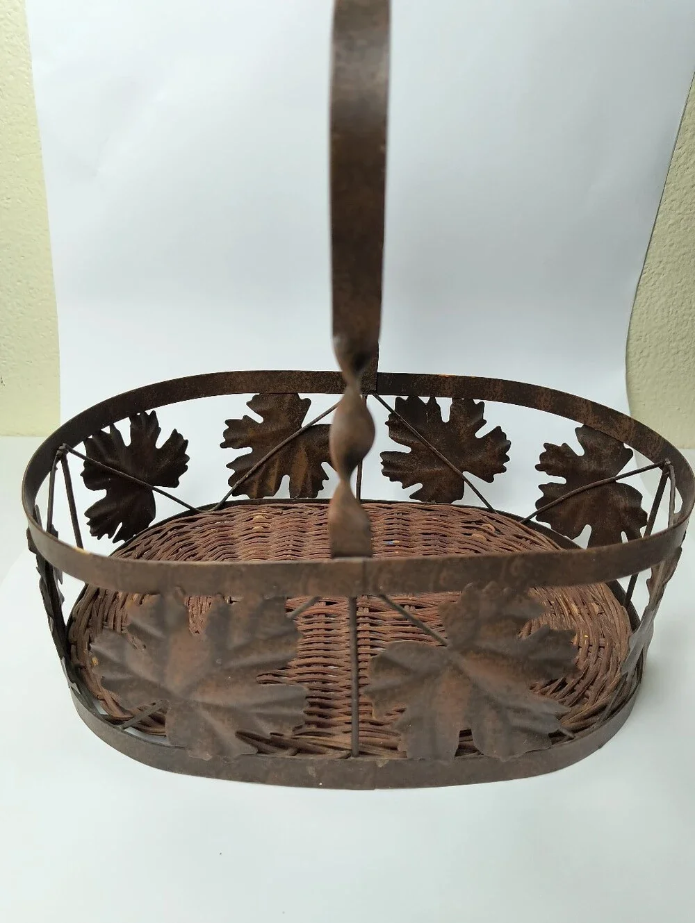 Rustic Brown Leaf Metal Basket with Handle - Farmhouse Centerpiece